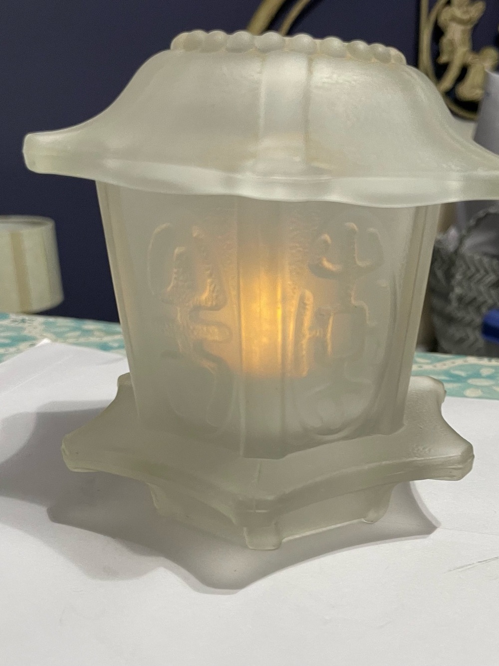 Homco Frosted Cream Glass Lantern Candle Holder with Scalloped Rim